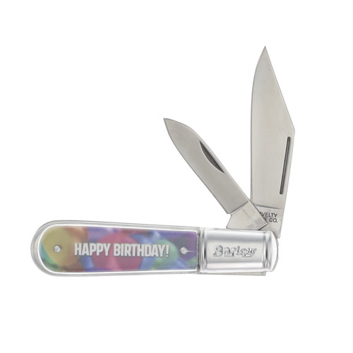 Happy Birthday Novelty Knife Barlow 3.625" with Acrylic Handle and Stainless Steel Plain Edge Blades NV285