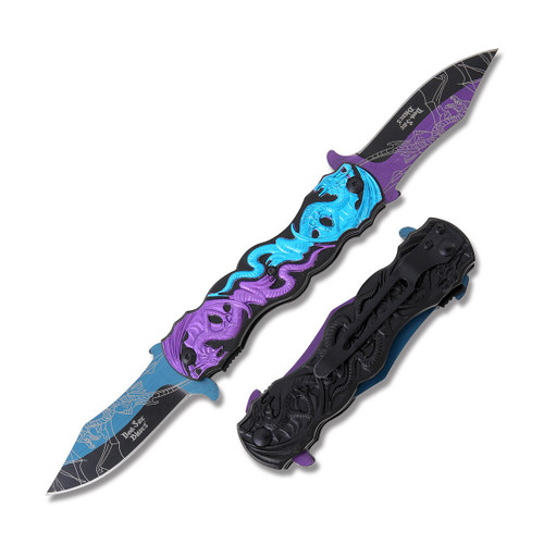 Dark Side Blades Purple and Blue Dragon Spring Assisted Folding Knife