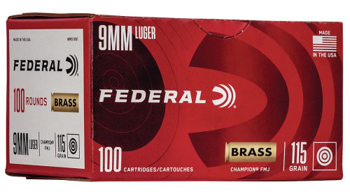 Federal Champion 9mm Luger 115 Grain Brass Centerfire 100 Round FMJ-RN