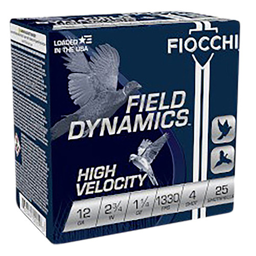 Fiocchi Field Dynamics High Velocity 12 Gauge Shotshell 25 Rounds 2.75in 1-1/4oz #4 Chilled Lead Birdshot