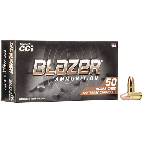 CCI Blazer Brass 9mm Luger Handgun Ammo 50 Rounds  Brass Centerfire 115 Grain FMJ RN