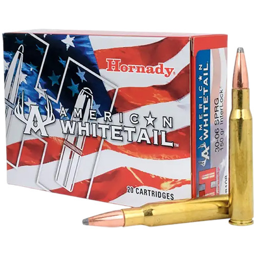 Hornady American Whitetail 30-06 Springfield Rifle Ammunition 20 Rounds Brass Centerfire 150 Grain Interlock SP