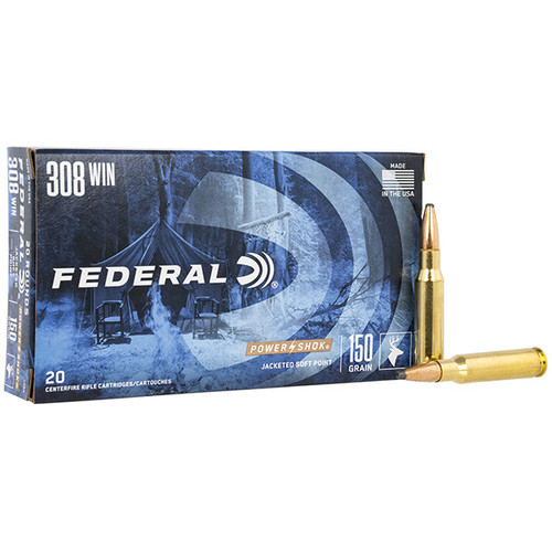 Federal Power-Shok 308 Winchester Rifle Ammunition 20 Rounds Brass Centerfire 150 Grain Power-Shok JSP 