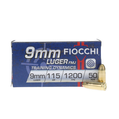 Fiocchi Shooting Dynamics 9mm Handgun Ammunition Brass 50 Rounds 115 Grain Full Metal Jacket 