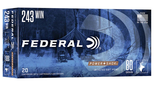 Federal Premium Power-Shok 243 Winchester Ammunition 80 Grain Brass Centerfire 20 Rounds JSP