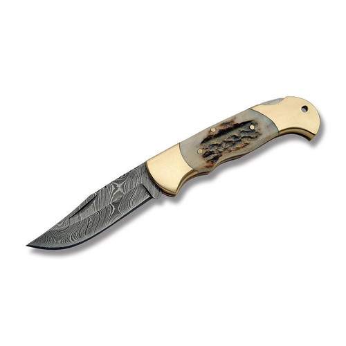 Szco Damascus Folding Knife Stag 3.25 Inch Plain Clip Point 1