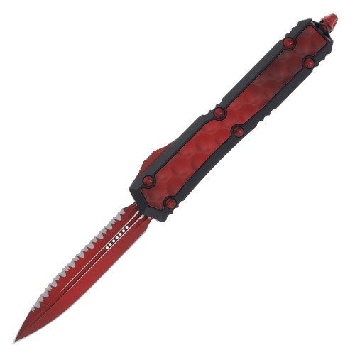Microtech Makora Signature Series Out-the-Front Automatic Knife (Serrated Weathered Red D/E | Red with Brute Titanium Inlay)