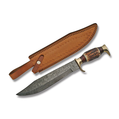 Szco Damascus Bowie Knife Stag 9.25 Inch Blade