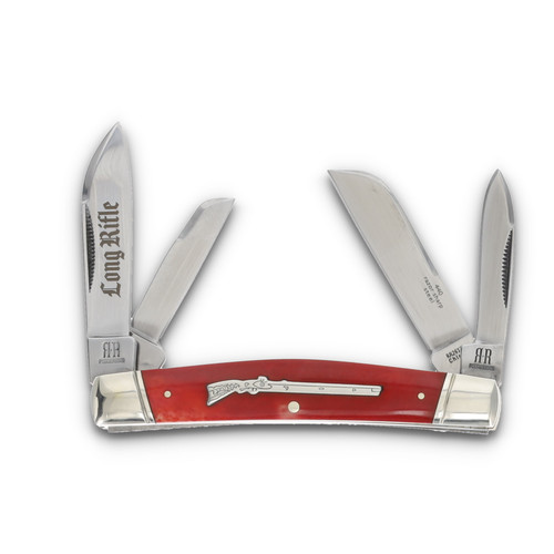 Rough Ryder Congress Folding Knife Long Rifle Red Smooth Bone Front Open