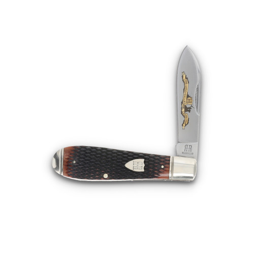 Rough Ryder 30th Anniversary Teardrop Jack Folding Knife Brown Checkered Bone Front Open 1