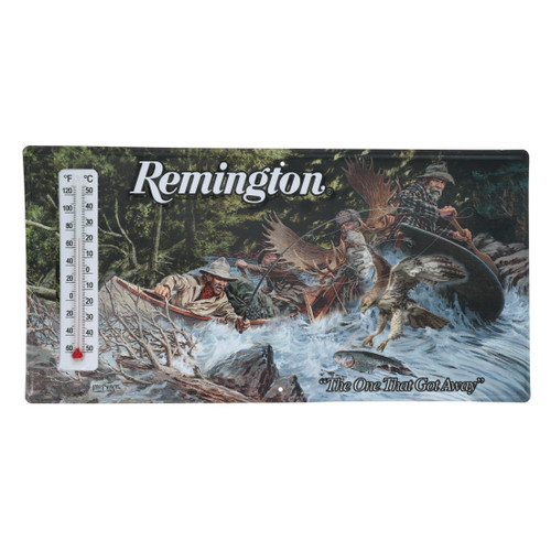 Remington The One That Got Away Thermometer and Tin Sign