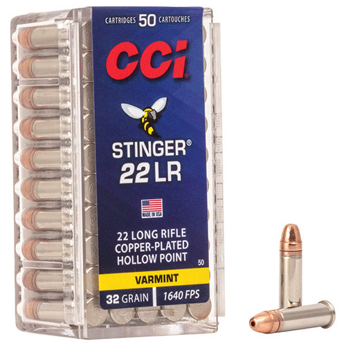 CCI Stinger 22LR Rimfire Ammunition 50 Round Brass Rimfire 32 Grain Copper Plated HP