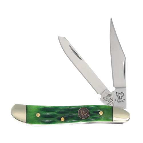 Hen & Rooster 2-Blade 2.75" Green Pickbone Trapper Folding Knife HRI402GPB