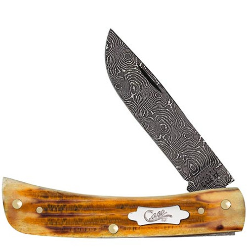 Case Burnt Goldenrod Damascus Sod Buster Jr. Folding Knife