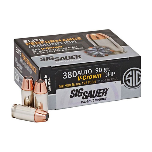 Sig Sauer Elite Performance 380 ACP Ammunition 90 Grain V-Crown Jacketed Hollow Point 20 Rounds