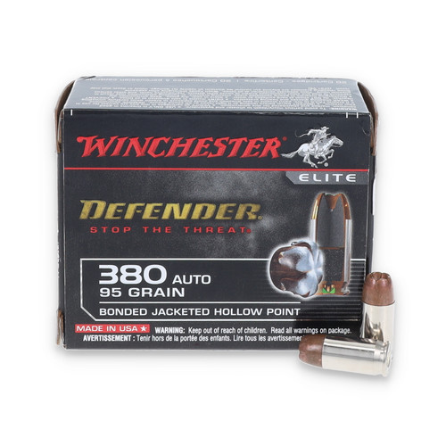 Winchester Defender 380 ACP Ammunition 95 Grain Bonded JHP 20 Rounds