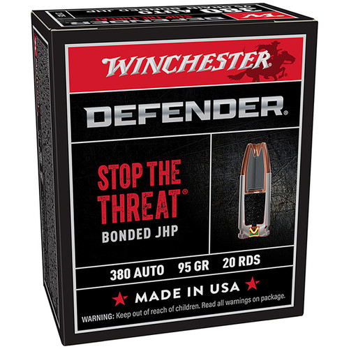 Winchester Elite Defender Handgun 380 Auto Handgun Ammunition 20 Rounds Brass Centerfire 95 Grain Bonded JHP