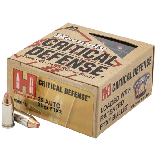 Hornady Critical Defense .25 ACP 35gr FTX Nickel Brass Ammo 25 Rds