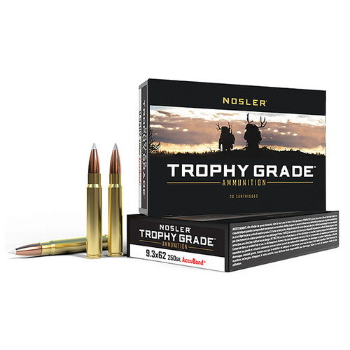 Nosler Trophy Grade 9.3mm x62 Mauser Ammunition 20 Rounds Brass Centerfire 250 Grain Nosler AccuBond 