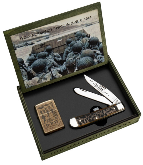 Case D-Day Trapper & Lighter Set with Custom Wood Box