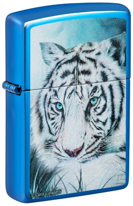 Zippo Lighter Carol Cavalaris White Tiger Design High Polish Blue