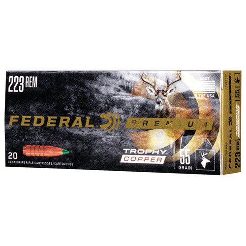 Federal Premium Trophy Copper 223 Remington Rifle Ammunition 20 Rounds Nickel Plated Brass Centerfire 55 Grain Trophy Copper