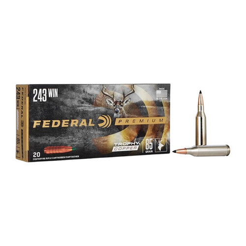 Federal Trophy Copper 243 Winchester Rifle Ammunition 20 Rounds Nickel Plated Brass 85 Grain Trophy Copper