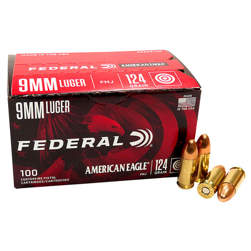 Federal American Eagle 9mm Luger Handgun Ammunition 100 Round Brass Centerfire 124 Grain FMJ 