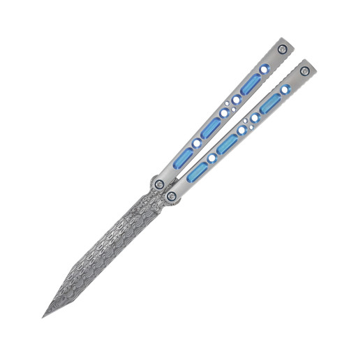 Lovins Customs Strix Balisong Damasteel Satin Titanium Handle with Blue Ano Inserts S35VN Tanto Blade