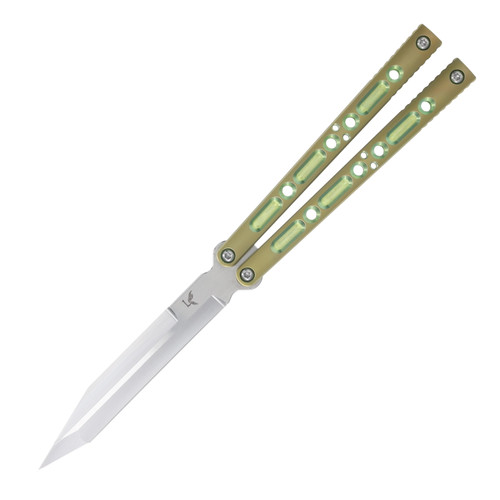 CLV14 Lovins Customs Strix Balisong  Gold Anodized Titanium Handle with Green Ano Inserts S35VN Tanto Blade