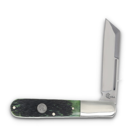 Queen Green Peach Seed Jigged Bone 1 Blade Barlow With Wharncliffe Blade