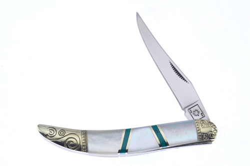 Frost Cutlery Uncle Lucky Small Toothpick Folding Knife Mother of Pearl/Green Accents with Engraved Bolsters FRUL109MPG