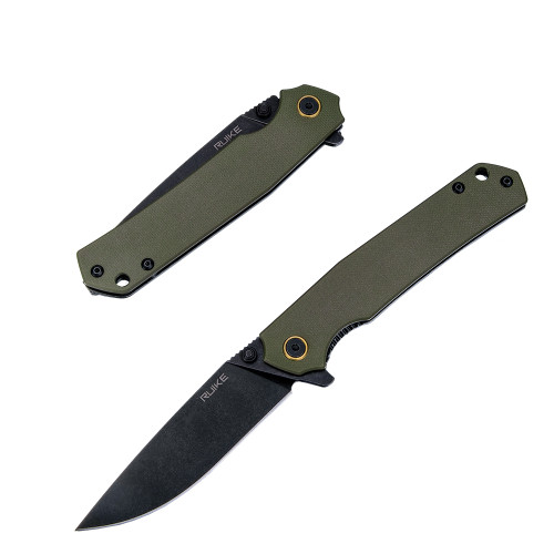 Ruike P801 Green Folding Knife 3.39in Black Stonewash Drop Point Blade