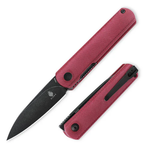 Kizer Feist Folding Knife Red 2.8in Plain Black Stonewash Drop Point Front Open and Back Closed