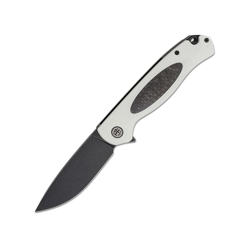 PETRIFIED FISH Stamp Linerlock Flipper Black Stonewashed D2 Drop Point Blade White G10 w/ Carbon Fiber Inlay