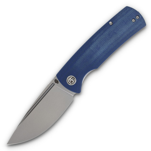 PETRIFIED FISH Beluga Linerlock Flipper Sandblasted K110(D2) Drop Point Blade Blue Micarta Handle