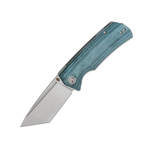 PETRIFIED FISH Beluga Linerlock Flipper Stonewashed K110 (D2) Tanto Blade Blue Micarta Handle