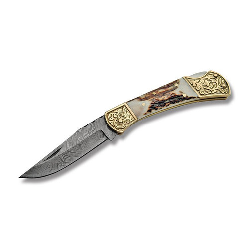 Szco Scrolled Lockback Folding Knife Stag 3.25 Inch Plain Clip Point 1