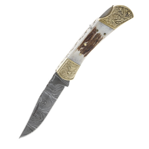 Szco Scrolled Lockback Folding Knife Stag 3.25 Inch Plain Clip Point DM1163