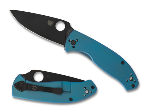 Spyderco Tenacious R.I.L. Blue 3.35 Inch Plain Black Oxide Drop Point Front Open and Back Closed