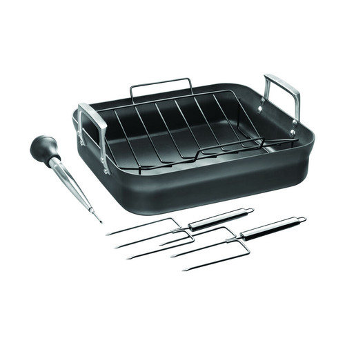 The Henckels Motion 16" x 14" Aluminum Hard Anodized Roasting Pan Nonstick features durable hard-anodized aluminum construction with a multi-layer nonstick coating and double-rivet stainless-steel handles.