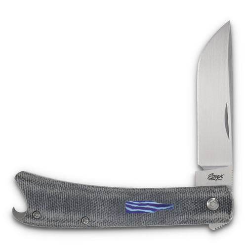 ESNYX Silver Line Beer Buster Mokuti Shield Blue 3.02in Plain Satin Drop Point Front Open 1