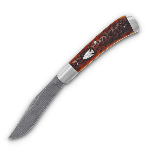 Crouch Knives Single Blade Trapper Vegas Forge Stainless Damascus Red Jigged Bone Handle