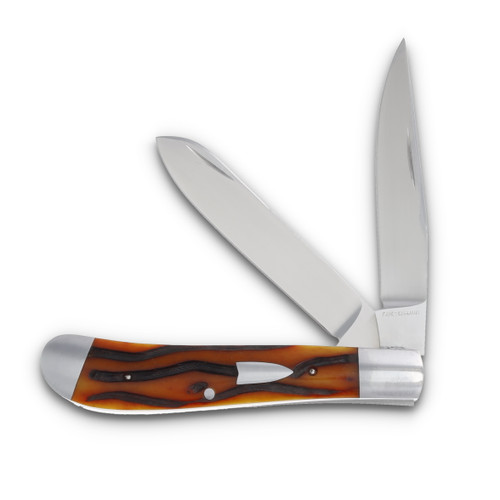 Friesenhahn Knives Trapper CPM 154 Blades Amber Bone Handle with Wormgroove Jig Pattern