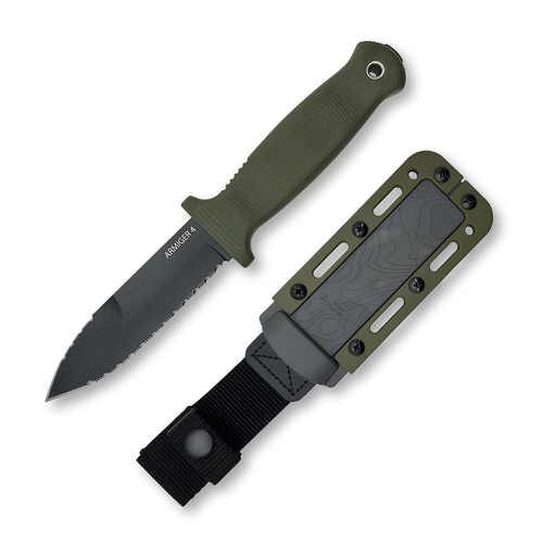 Demko Knives Armiger 4 OD Green 4 Inch Serrated Black Spear Point and Sheath