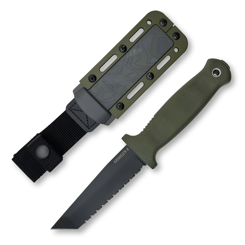 Demko Knives Armiger 4 Fixed Blade OD Green 4in Serrated Black Tanto and Sheath