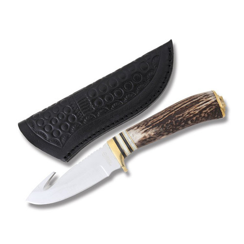 American Hunter Fixed Blade Knife Stag 3.5 inch Plain Satin Guthook with Sheath