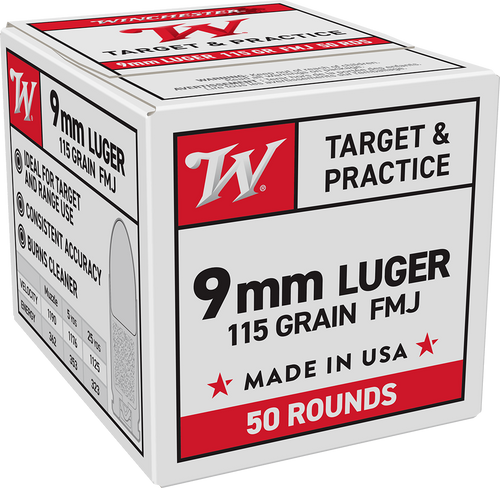 Winchester USA White Box 9mm Luger 115gr FMJ Brass Ammo 50 Rd