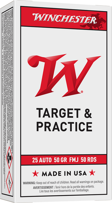 Winchester USA White Box .25 Auto 50gr FMJ Brass Ammo 50 Rds