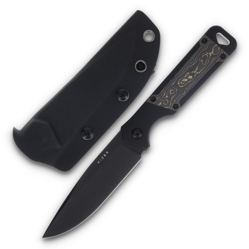 Kizer Militaw Fixed Blade Knife Gold Camo 4.35in Plain Black Drop Point with Sheath 1